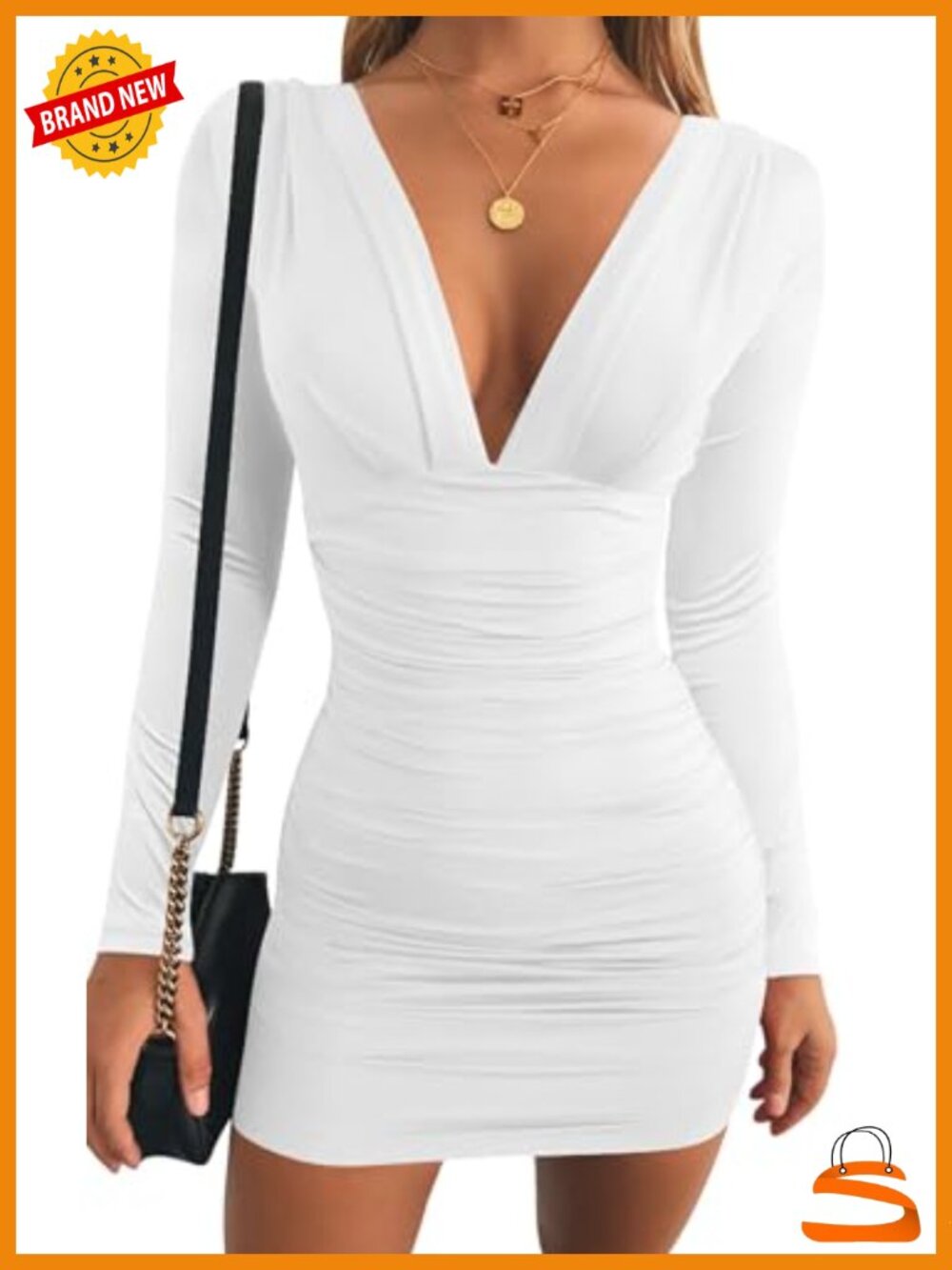 Women's Long Sleeve V Neck Bodycon Mini Party Dress Ruch